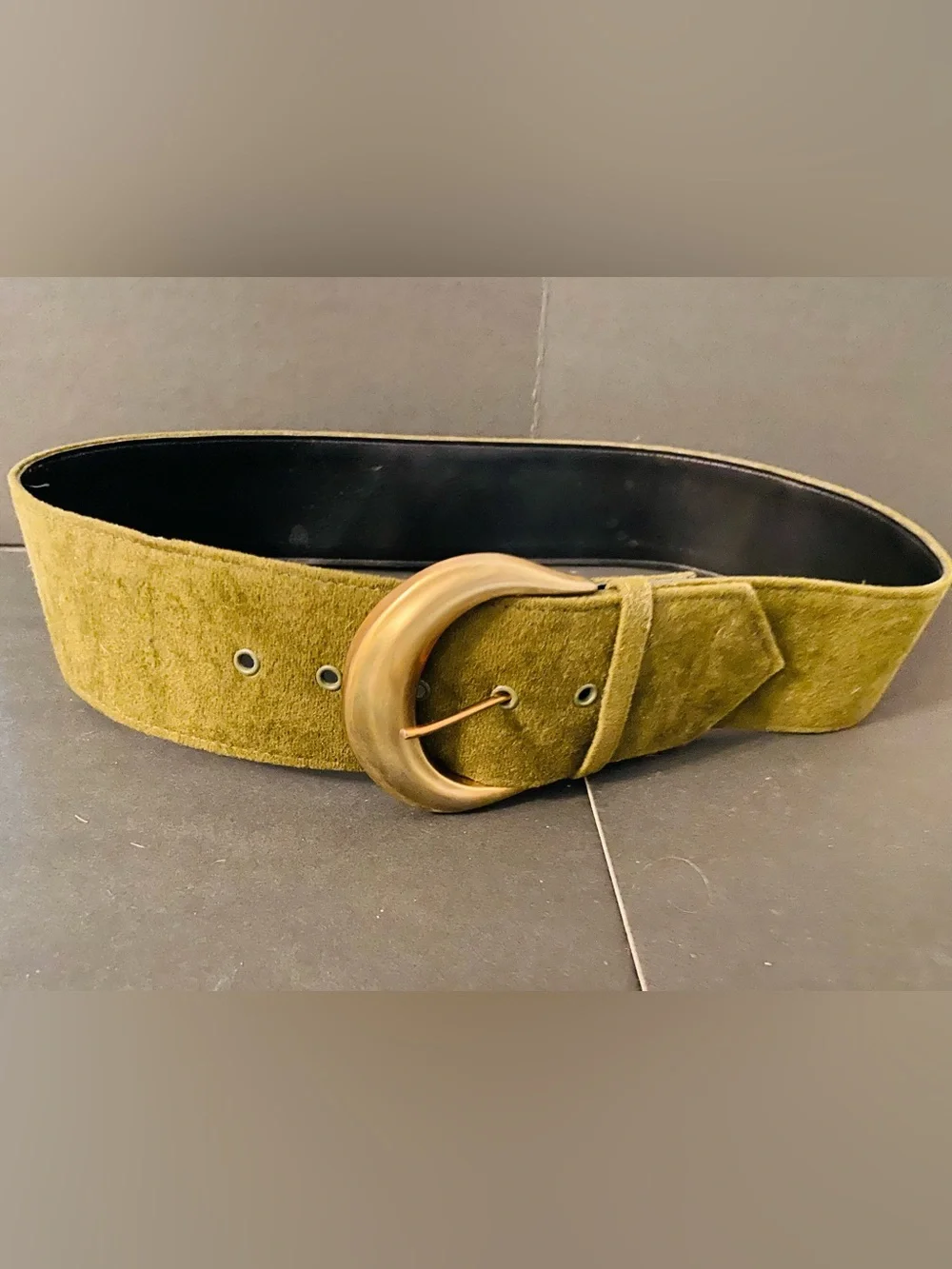 Vintage Chunky Green Leather Suede Belt with Large Copper Colored Buckle